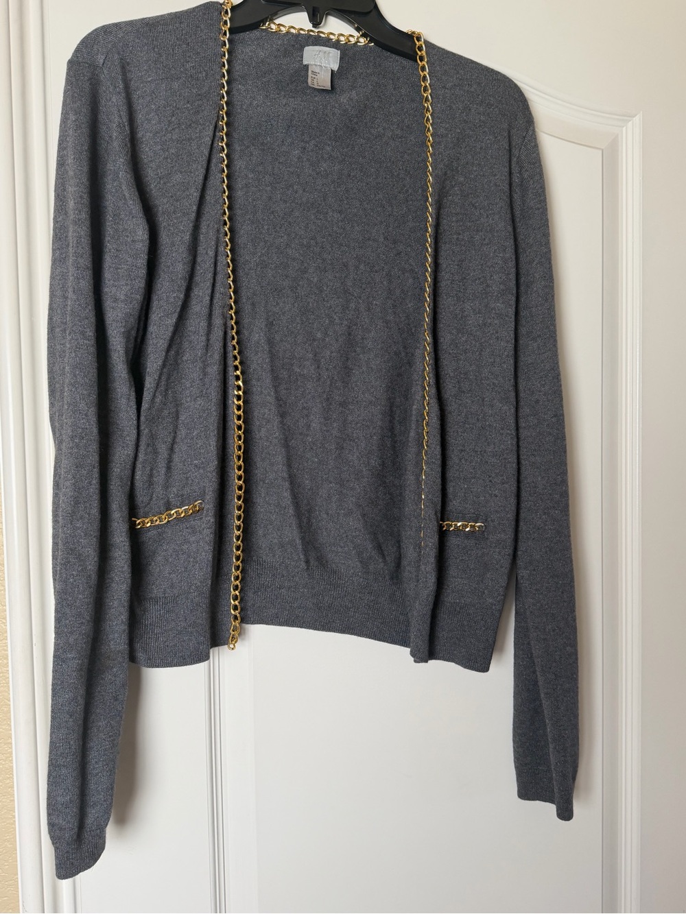 H&M Gray Open-Front Cardigan with Gold Chain Trim